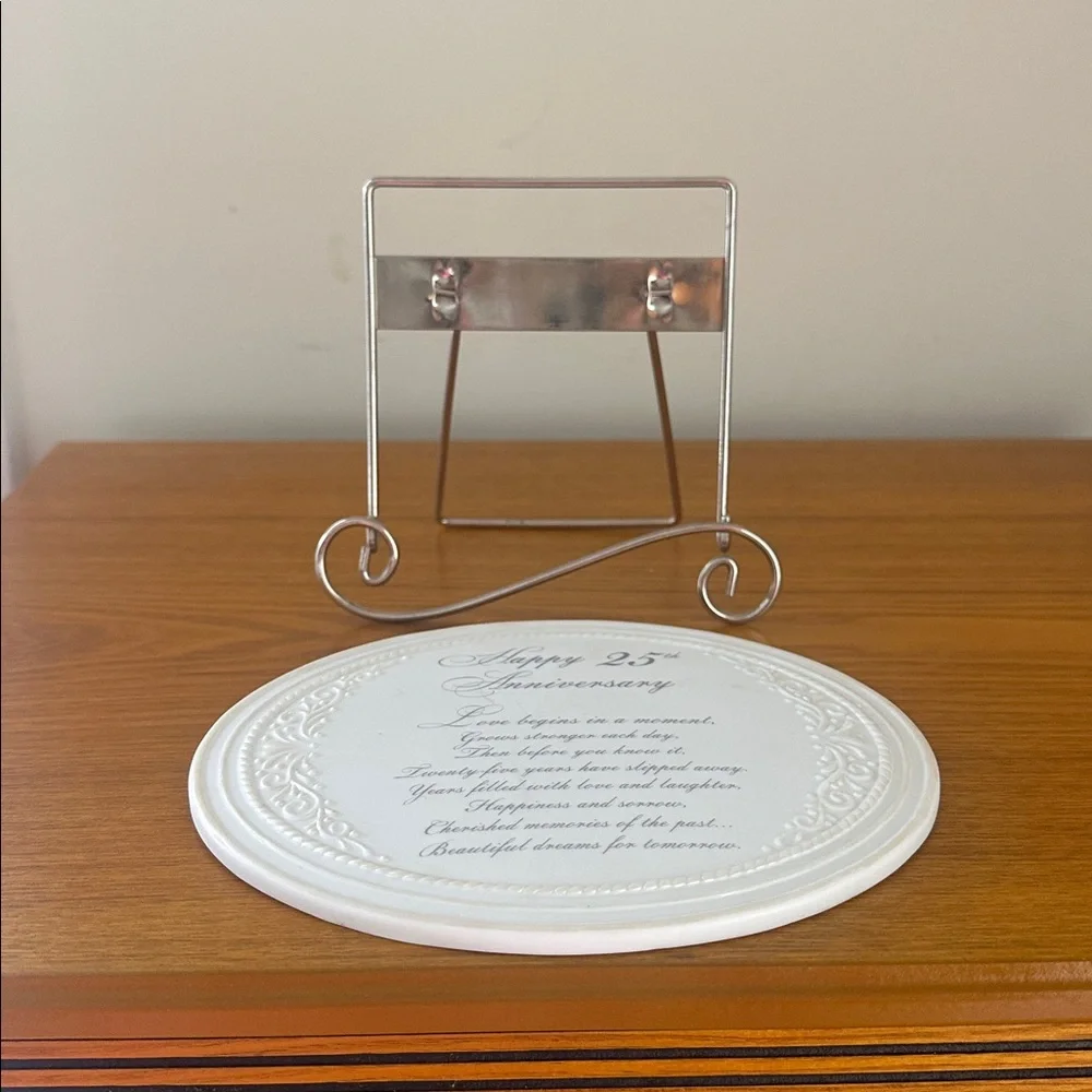 Elegant 25th Anniversary Plaque with Stand. White With Silver Writing. 7x5.5”